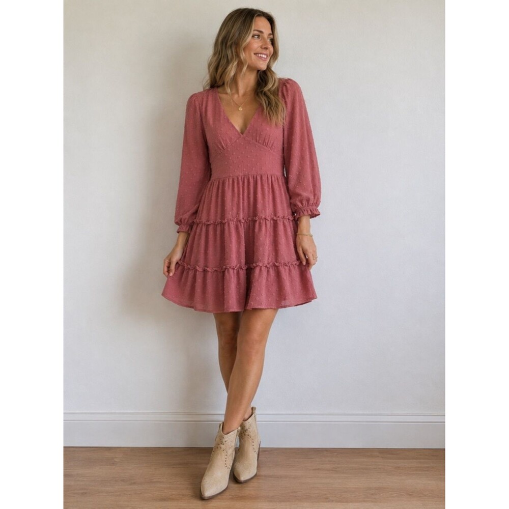 Altar’d State Womens Pink Swiss Dot Tiered Mini Dress Long Sleeve Boho - Small